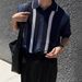 Men's Clothing Summer Ins Hollow Striped Color Knitted Polo Shirt Boys Niche Short Sleeved Tops_viptrois.com
