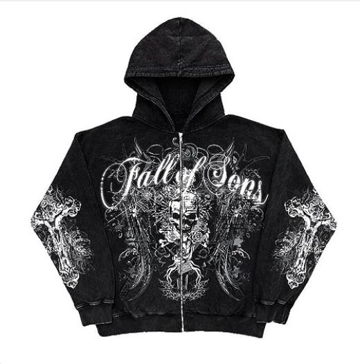 2024 Autumn And Winter New Sweatshirt Streetwear Washed Zipper Pattern Hooded Cardigan_viptrois.com
