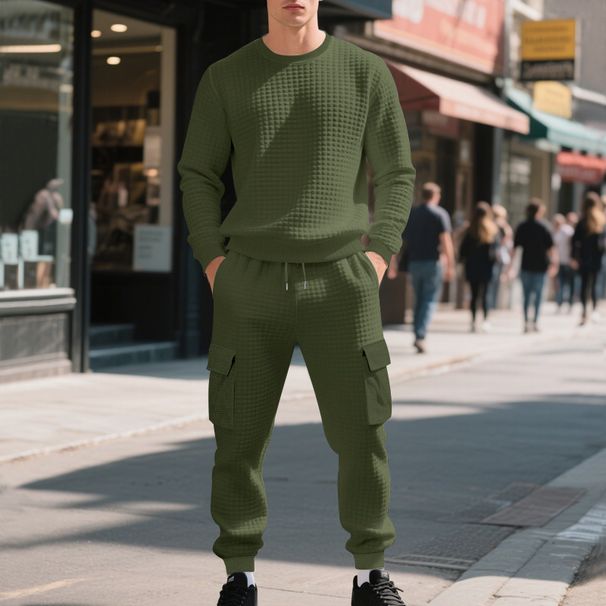 Men’s Loose-Fit Jacquard Sweatshirt Set – Casual Workwear & Commuter Outfit For Autumn/Winter (Black/White/Army Green, M-XXXL)_viptrois.com