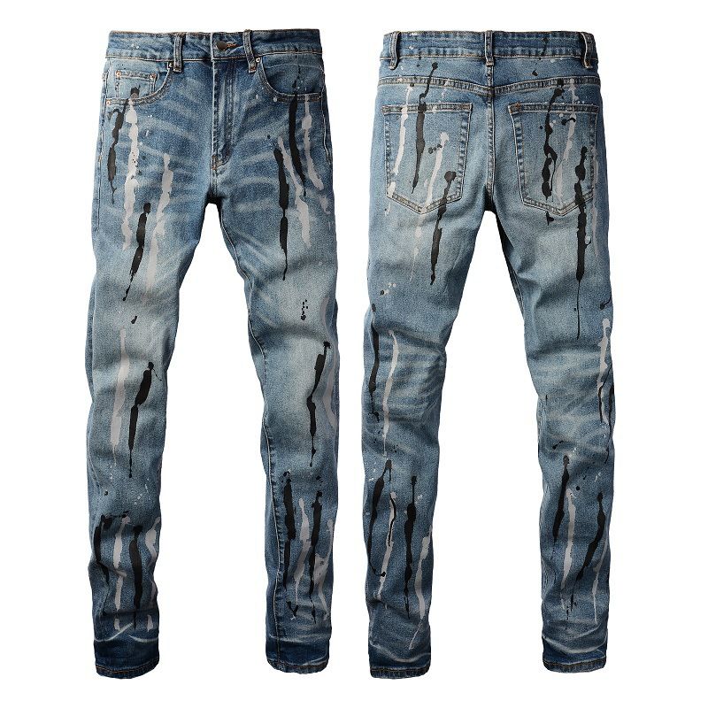 Men's Clothing Street style ink splash graffiti classic retro washed jeans for men One piece of elastic large size jeans for men_viptrois.com