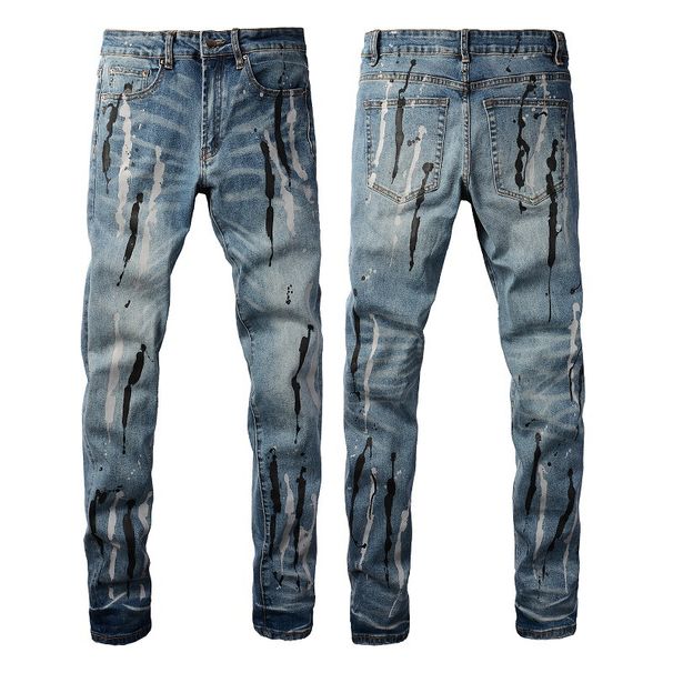 Men's Clothing Street style ink splash graffiti classic retro washed jeans for men One piece of elastic large size jeans for men_viptrois.com