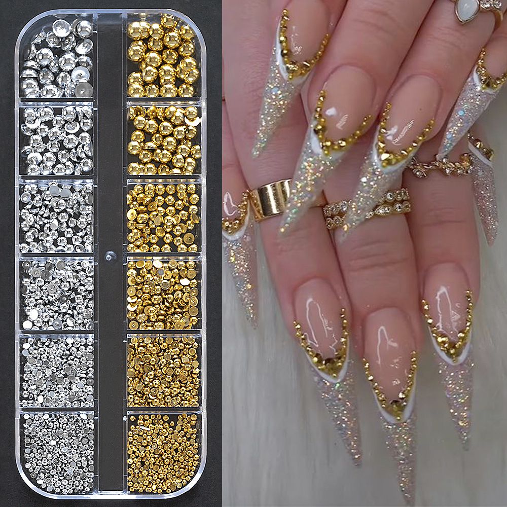 Beauty Health Hot Selling 12 Grid Mixed Gold And Silver Semi Circular Pearl Nail Jewelry Star Moon Metal Nail Decoration Accessories_viptrois.com