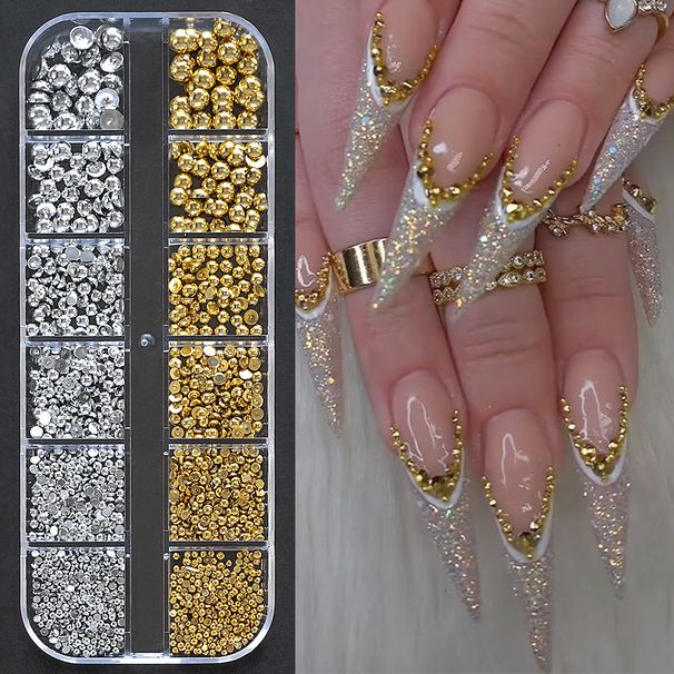 Beauty Health Hot Selling 12 Grid Mixed Gold And Silver Semi Circular Pearl Nail Jewelry Star Moon Metal Nail Decoration Accessories_viptrois.com
