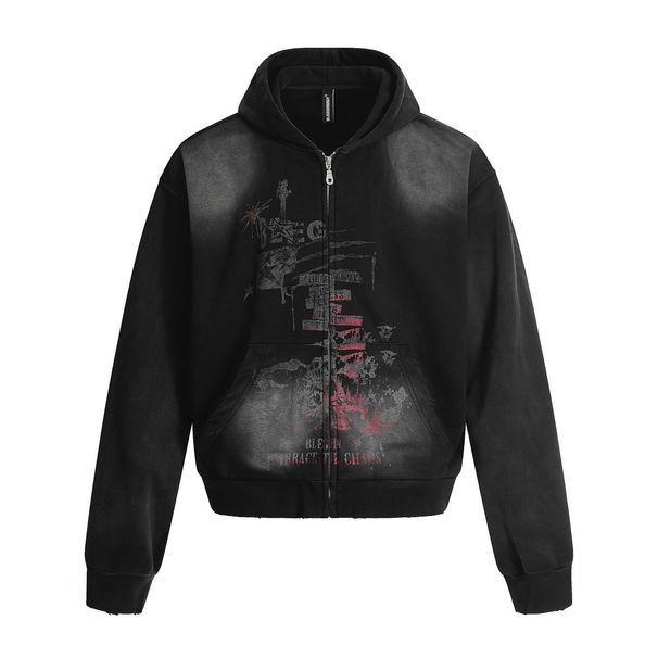 Dark Style Fuzzy Print Cardigan Sweatshirt Men's Punk Tie-Dye Spray Paint Distressed Hooded Loose Jacket_viptrois.com