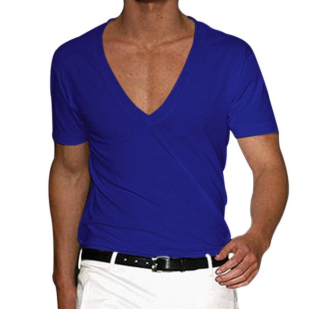 Men's Clothing V Neck Solid Color Casual Short Sleeved T Shirt_viptrois.com