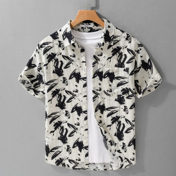 Summer Men's Fashion Trend Linen Print Simple Short Sleeved Shirt Thin Casual Loose Popular Men's Shirt_viptrois.com