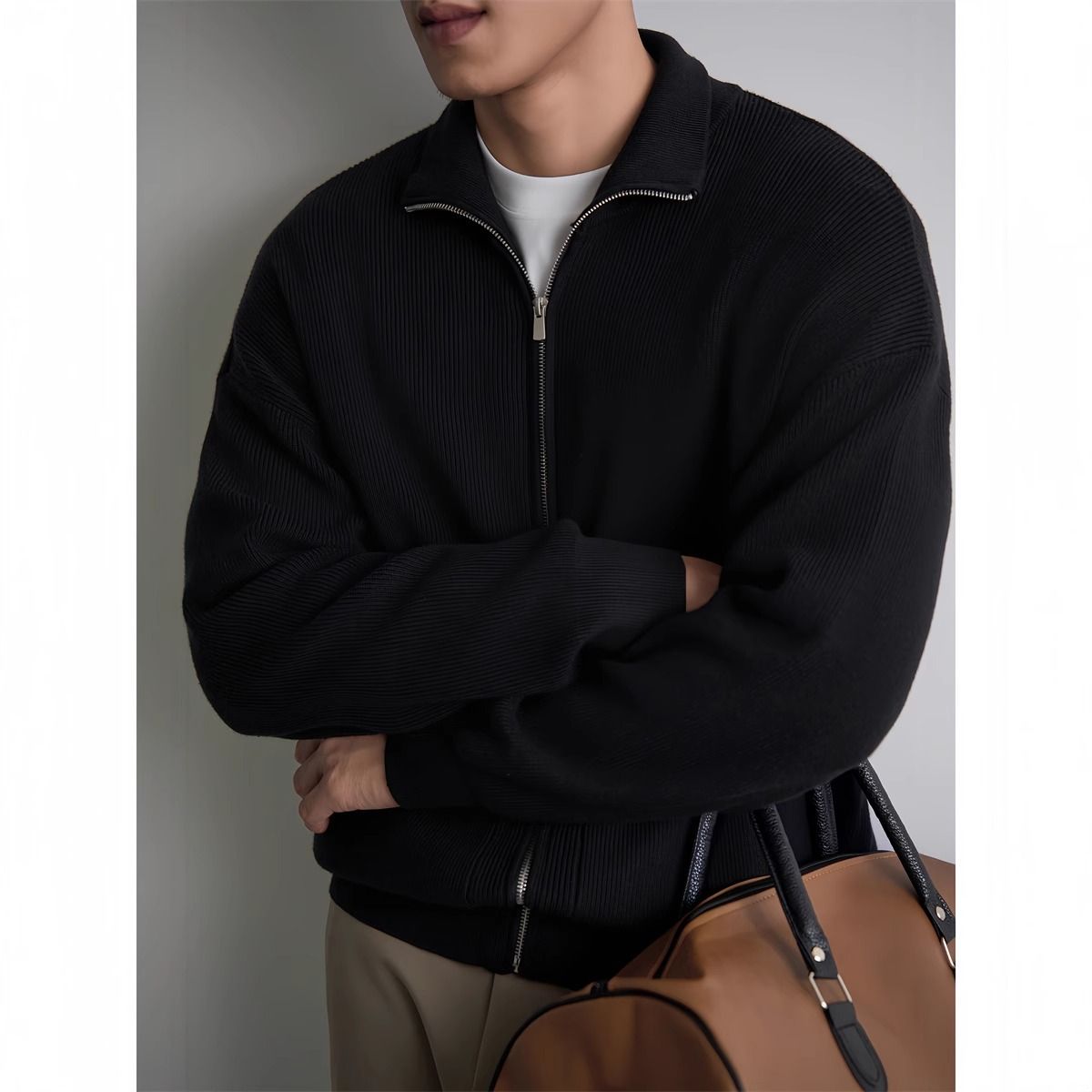 Men's Casual Zip-Up Knit Cardigan - Lightweight Loose Fit Pullover Sweater For Spring & Autumn_viptrois.com