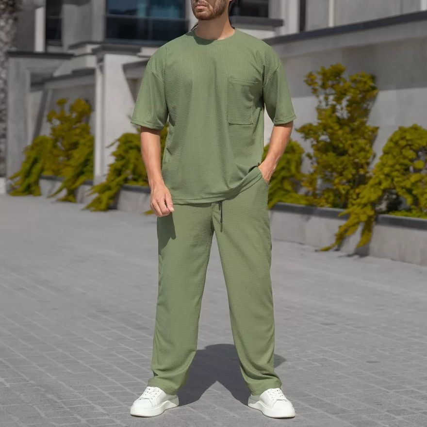 "Men's Waffle Knit Short Sleeve Set – Breathable Loose Fit Crew Neck T-Shirt & Casual Pants (Black/Grey/Khaki/Green, Sizes S-XXXL)"_viptrois.com