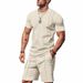 American Style Summer Men's Loose Fit INS Simple Waffle Round Neck Short Sleeve Shorts Two-Piece Set_viptrois.com