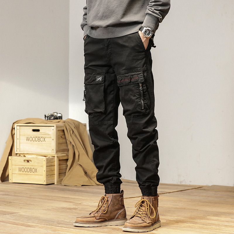 Men's Clothing Vintage American Style Cargo Jogger Pants - Stretchy Multi-Pocket Workwear With Adjustable Drawstring (Grey, Khaki, Black)_viptrois.com