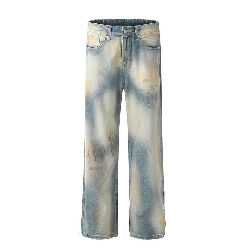 Men's Clothing High Street Tie Dyed Gradient Washed Jeans For Men And Women Retro Vibe Dirty Dyed Loose Straight Flared Wide Leg Pants_viptrois.com