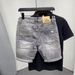 Summer New Denim Shorts Five Quarter Brand Slightly Wide Printed Trendy Korean Version Elastic Tear Hole Middle Men's_viptrois.com