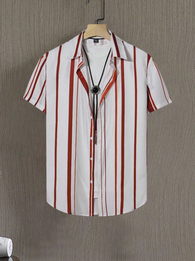 Men's Stylish 3D Digital Print Short Sleeve Shirt, Trendy Striped Casual Shirt For Summer, Comfortable & Breathable Fabric _viptrois.com