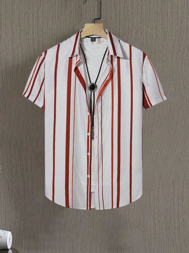 Men's Stylish 3D Digital Print Short Sleeve Shirt, Trendy Striped Casual Shirt For Summer, Comfortable & Breathable Fabric _viptrois.com