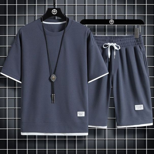 Men's Clothing Waffle Sports Casual Suits For Men Spot Two Piece Short Sleeved Shorts_viptrois.com