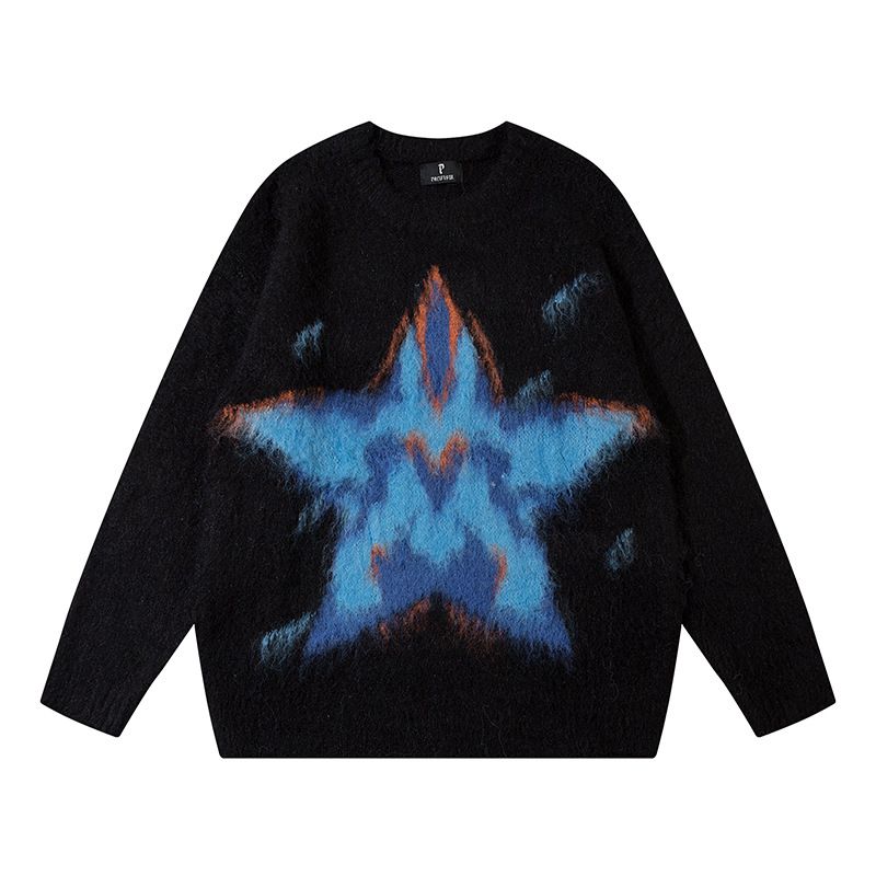 Men's Streetwear Sweater – Oversized Unisex Star-Print Knit Pullover, Acrylic Blend Long Sleeve Crewneck For Fall/Winter_viptrois.com