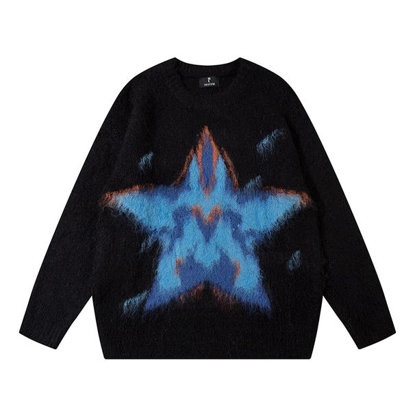 Men's Streetwear Sweater – Oversized Unisex Star-Print Knit Pullover, Acrylic Blend Long Sleeve Crewneck For Fall/Winter_viptrois.com
