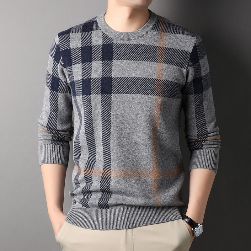 2025 Men's Autumn New Sweater, Trendy Striped Base Shirt For Middle-aged And Young People, Round Neck Slim Fit_viptrois.com