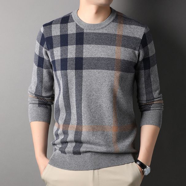2025 Men's Autumn New Sweater, Trendy Striped Base Shirt For Middle-aged And Young People, Round Neck Slim Fit_viptrois.com