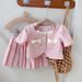 Kids Clothing Girls Clothing Small Bowknot Short Sleeves Plus Pleated Skirt Two Piece Set_viptrois.com