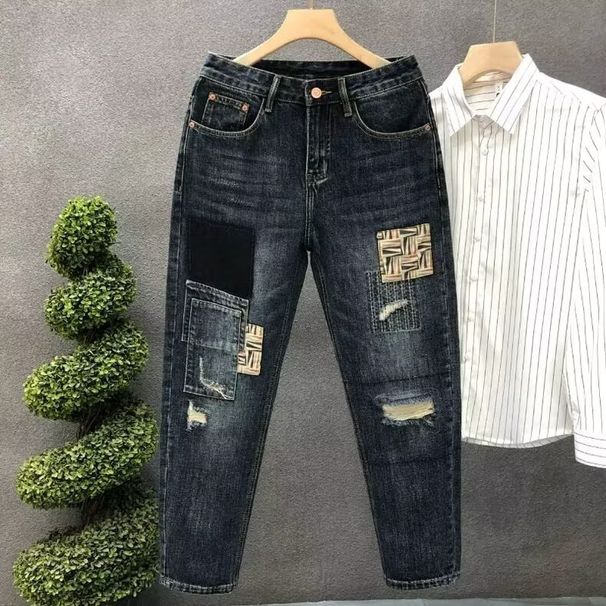 Men's High Street Retro Distressed Blue Jeans Loose Harem Straight Leg Trousers Summer Patchwork Denim_viptrois.com