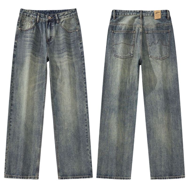 Men's Clothing Autumn New Style Washed Distressed Jeans Men's Retro Loose Floor Length Straight Leg Pants_viptrois.com