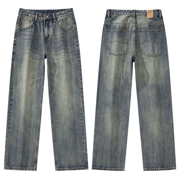 Men's Clothing Autumn New Style Washed Distressed Jeans Men's Retro Loose Floor Length Straight Leg Pants_viptrois.com