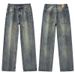 Men's Clothing Autumn New Style Washed Distressed Jeans Men's Retro Loose Floor Length Straight Leg Pants_viptrois.com