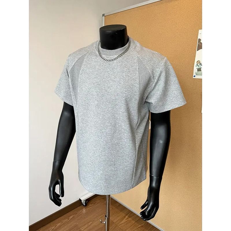 Summer Air Cotton Shoulder Short Sleeved Men's American Small Collar Threaded Splicing Casual T-shirt_viptrois.com
