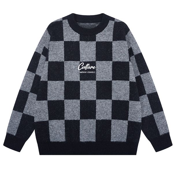 M616 | Large Autumn/Winter New Product Checkerboard Pattern Round Neck Sweater Men's Falling Shoulder Loose Casual_viptrois.com