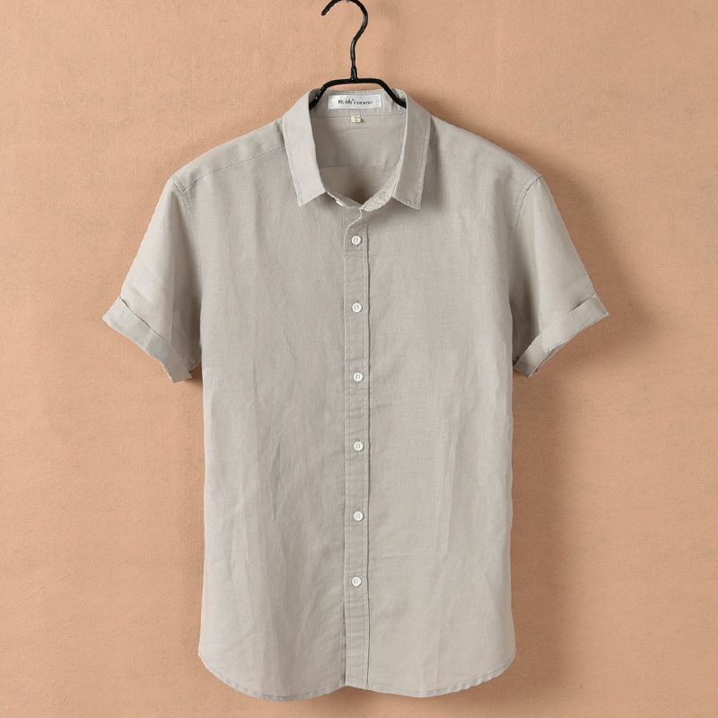 Men's Clothing Solid Color Linen Shirt Men's Short Sleeved Slim Fit Top Summer Thin Lapel Youth Cotton And Linen Casual White Shirt_viptrois.com