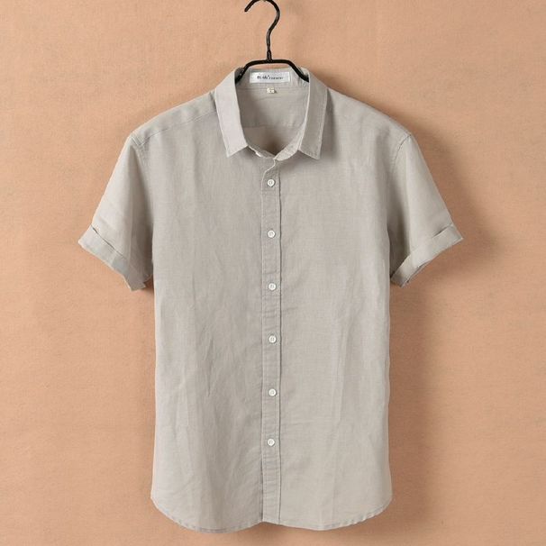 Men's Clothing Solid Color Linen Shirt Men's Short Sleeved Slim Fit Top Summer Thin Lapel Youth Cotton And Linen Casual White Shirt_viptrois.com