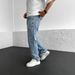 Men's Slim Fit Light Blue Jeans With Letter Embroidery, Straight Leg, Stretch Denim, Casual & Trendy Pants_viptrois.com