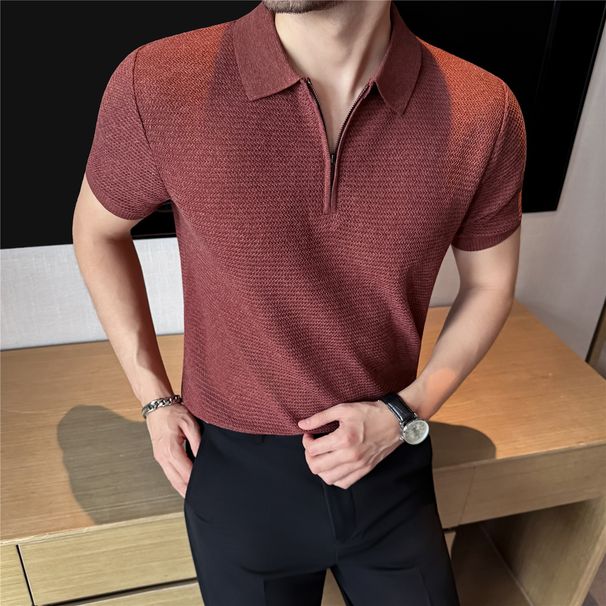 Men's High Quality Short Sleeved Polo Shirt Lyocell Linen Half Zip Business Casual Knitwear for Cross Border Foreign Trade_viptrois.com