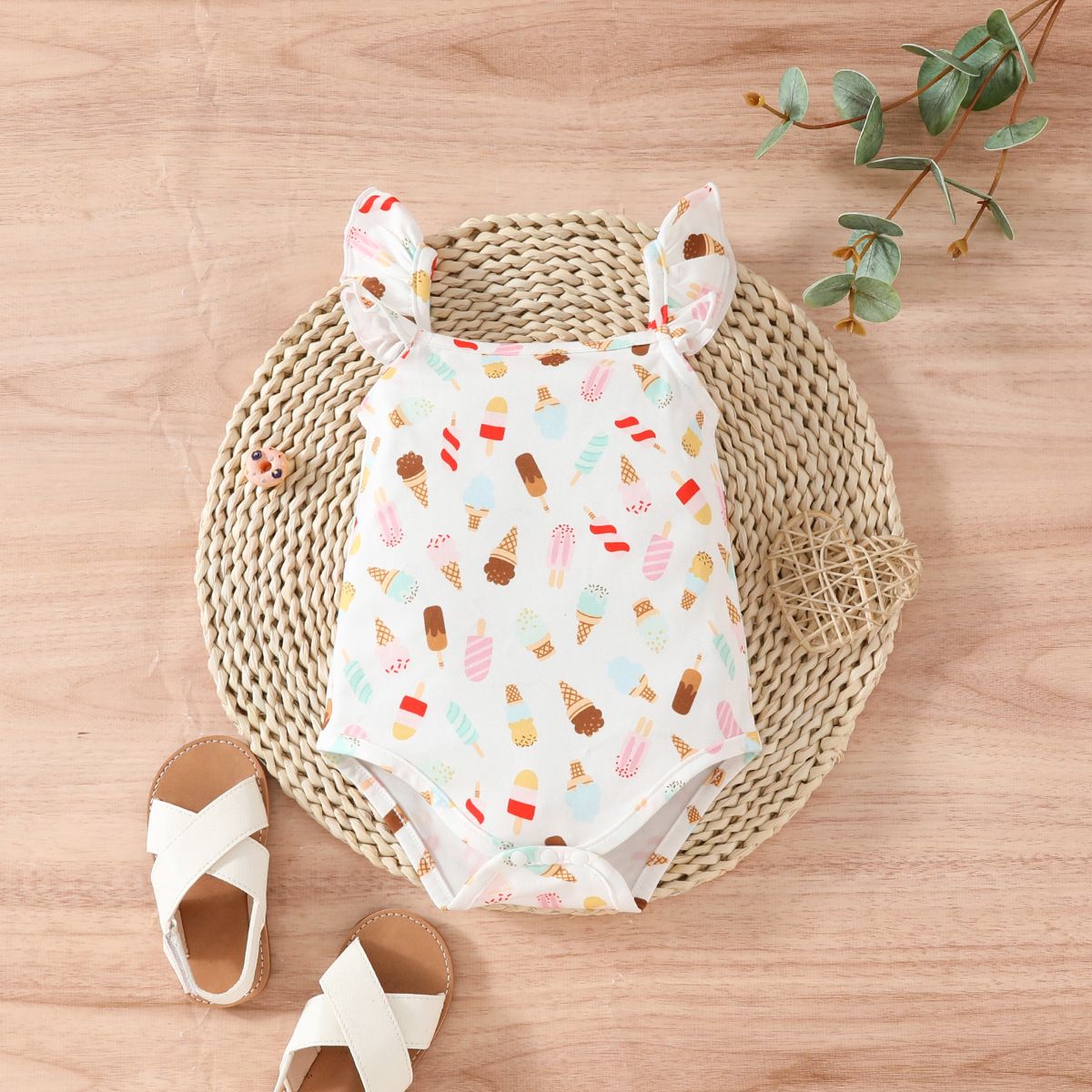 Mother & Kids Summer Girls Cute Casual Printed Fungus Fly Sleeve Romper One Piece Bodysuit Spot Wholesale_viptrois.com