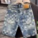 Heavyweight Checkerboard Denim Shorts For Men, Vintage Washed Distressed American Retro Style Casual 5-Pocket Knee-Length Shorts_viptrois.com