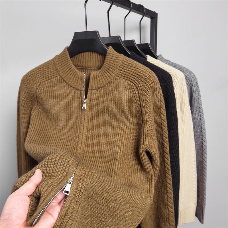 Men's Casual Zip-Up Knit Cardigan – Textured Twill Long Sleeve Sweater (M-XXXL) – Fall & Winter Layering Essential_viptrois.com