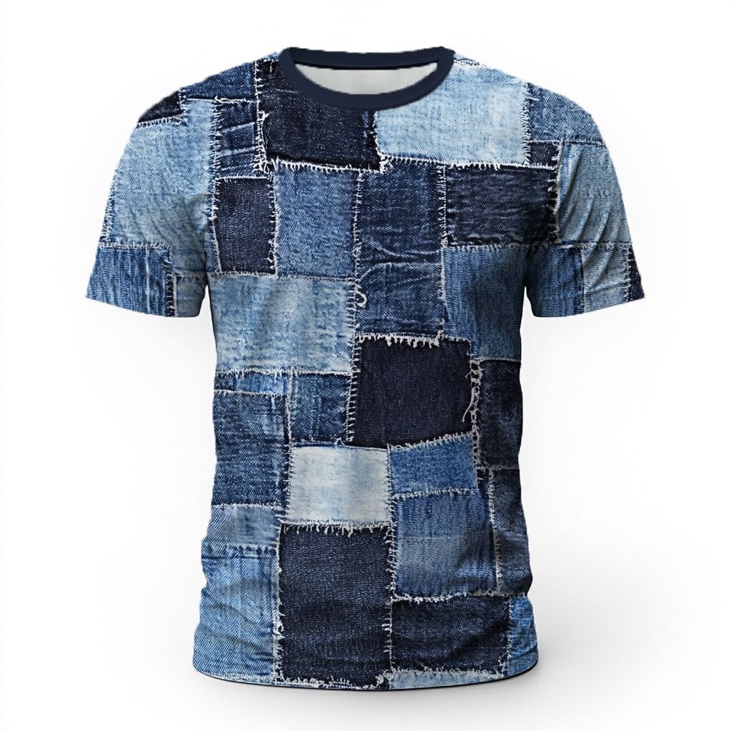 Men's Clothing Denim Patchwork Pattern Short Sleeved 3d Direct Injection Printed Tops Breathable Super Street Fashion T_viptrois.com