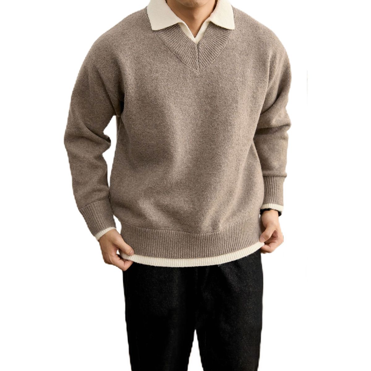 Men's Premium Knit Polo Sweater – Fake Two-Piece V-Neck Pullover (Gray/Beige) – Plus-Size Comfort, Old Money Style Business Casual_viptrois.com