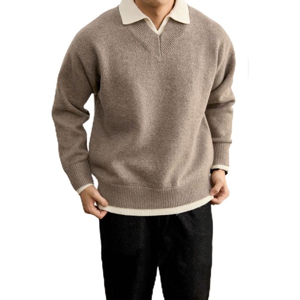 Men's Premium Knit Polo Sweater – Fake Two-Piece V-Neck Pullover (Gray/Beige) – Plus-Size Comfort, Old Money Style Business Casual_viptrois.com