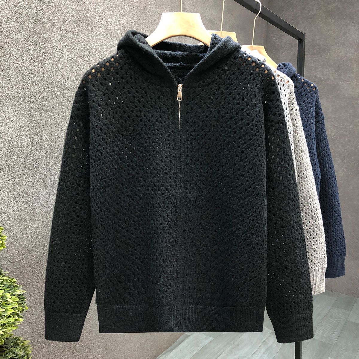 "Unisex Distressed Hooded Cardigan – Oversized Open-Front Knit Sweater With Mesh Detailing (M-3XL, Black/Navy/Gray)"_viptrois.com