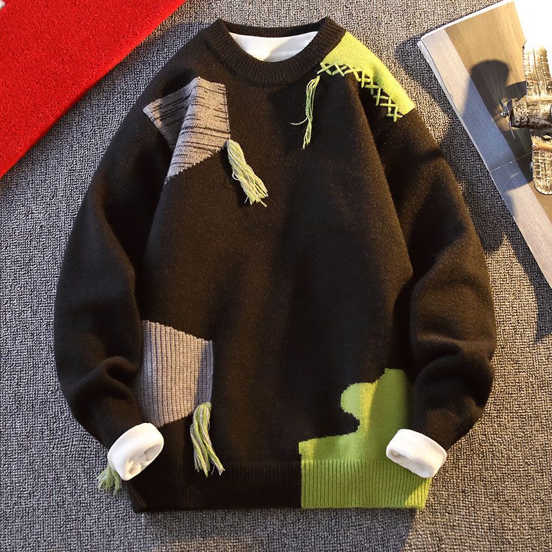 Men's Knitted Sweater Long Sleeve Casual Pullover Soft Loose Fit With Emblem Detail For Autumn_viptrois.com