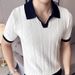 Men's Clothing Summer Breathable Italian Color Matching Light Mature Men's Polo Shirt V Lapel Elastic Texture Slim Short Sleeved Knitted Sweater_viptrois.com