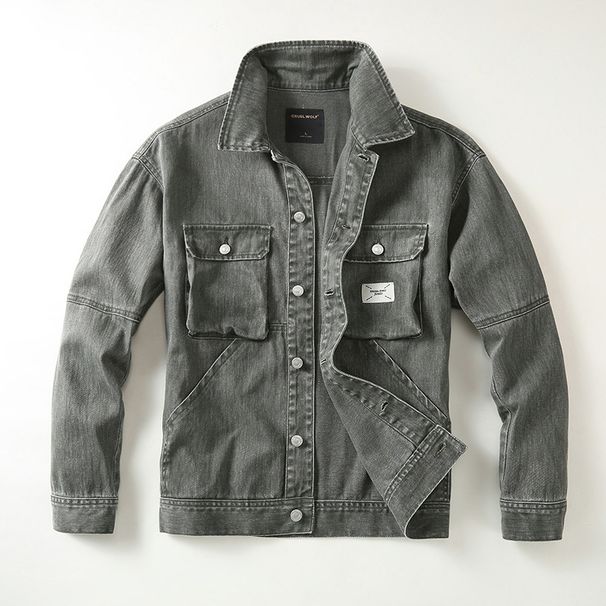 2025 Spring Trendy American Denim Flip Collar Jacket Men's Pique Handsome Work Clothes Pure Cotton_viptrois.com