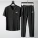 Men's Clothing new thin casual sports suit men's summer Chinese style high-end V-neck embroidery slim short-sleeved two-piece suit_viptrois.com