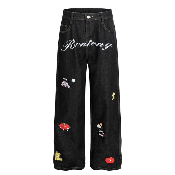 Fun Cartoon Embroidered Loose Jeans For Men Trendy Design Niche Hip-Hop Vintage Washed Straight Long Pants_viptrois.com
