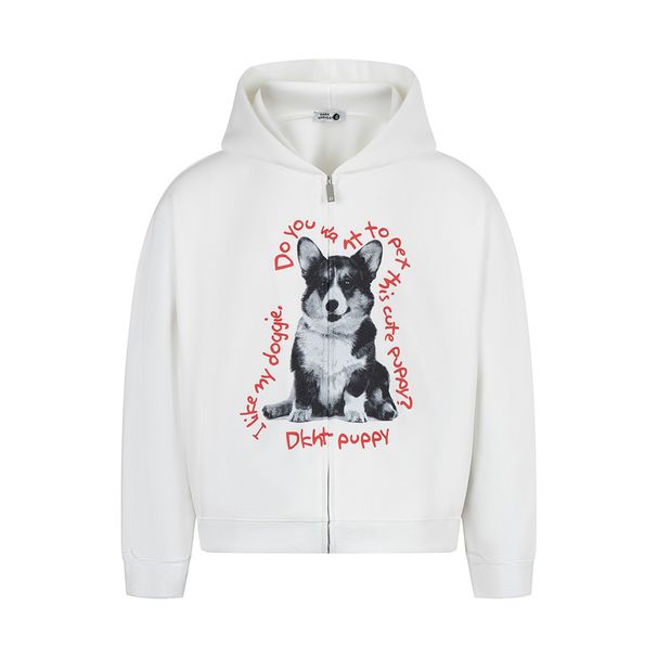 Animal Dog Print Hooded Cardigan Sweatshirt Men's Autumn And Winter Loose Stre American Style Sports Short Zipper_viptrois.com