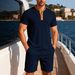 Men's Color Block Short Sleeve Button-Up Shirt & Shorts Set – Stylish Summer Casual Outfit (S-XXXL)_viptrois.com