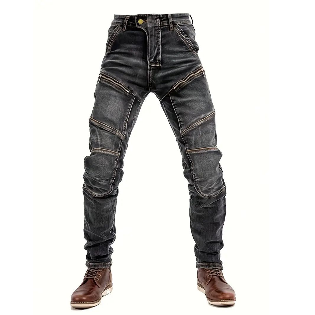 Denim Men's Slim Fake Zipper Splicing Black Jeans Motorcycle Retro Locomotive Riding Denim Men's Pants_viptrois.com