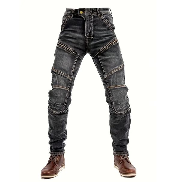 Denim Men's Slim Fake Zipper Splicing Black Jeans Motorcycle Retro Locomotive Riding Denim Men's Pants_viptrois.com